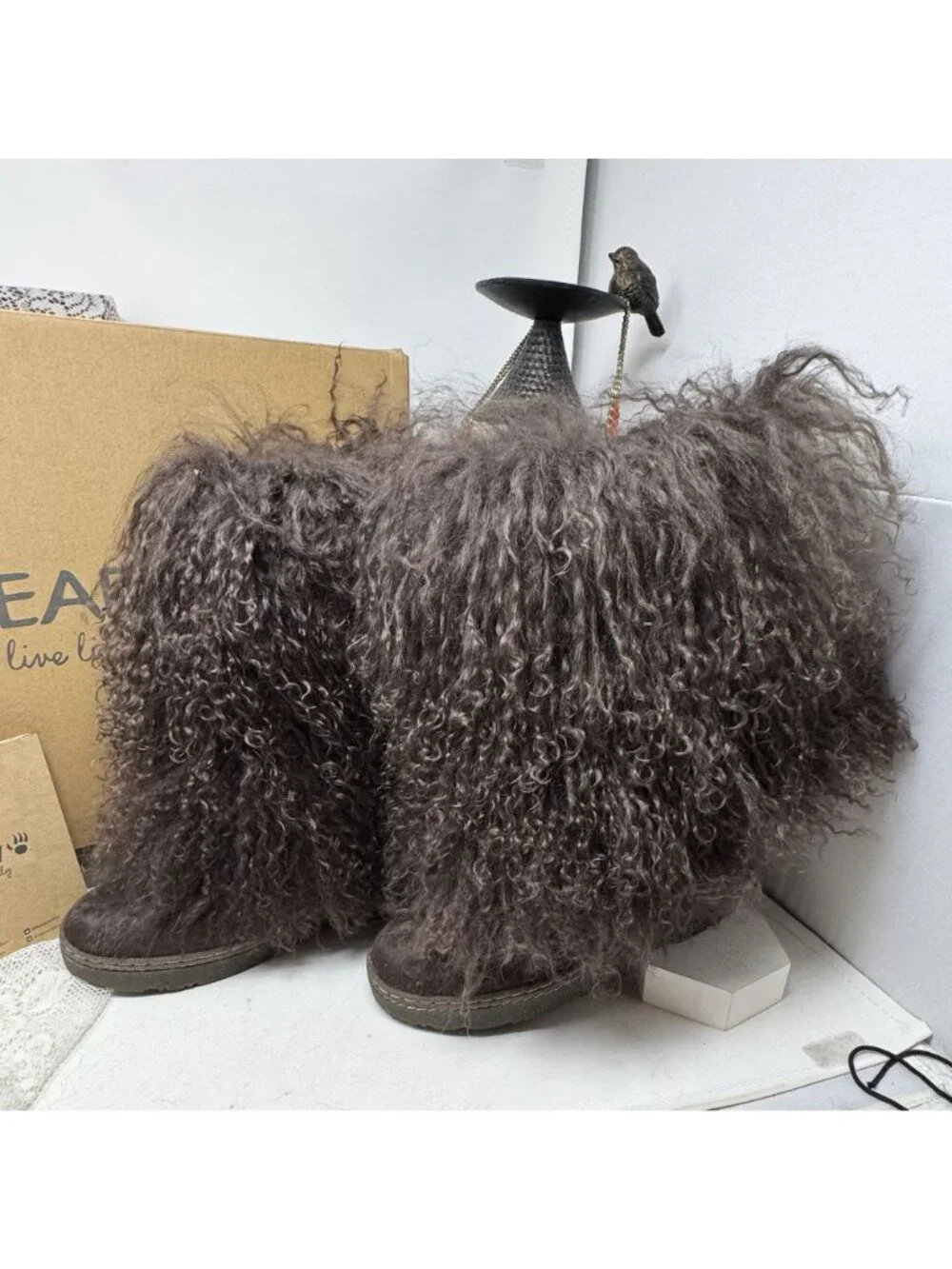 Bearpaw Boetis II Black Curly Lamb Fur Sheepskin Lined Mongolian Boots 6 Box
